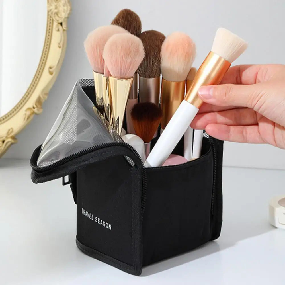 2 in 1 Standing Makeup Brush Bag Portable Travel Cosmetic Case Multi Slot Mesh Lipstick Eyebrow Pencil Holder Organizer Pouch