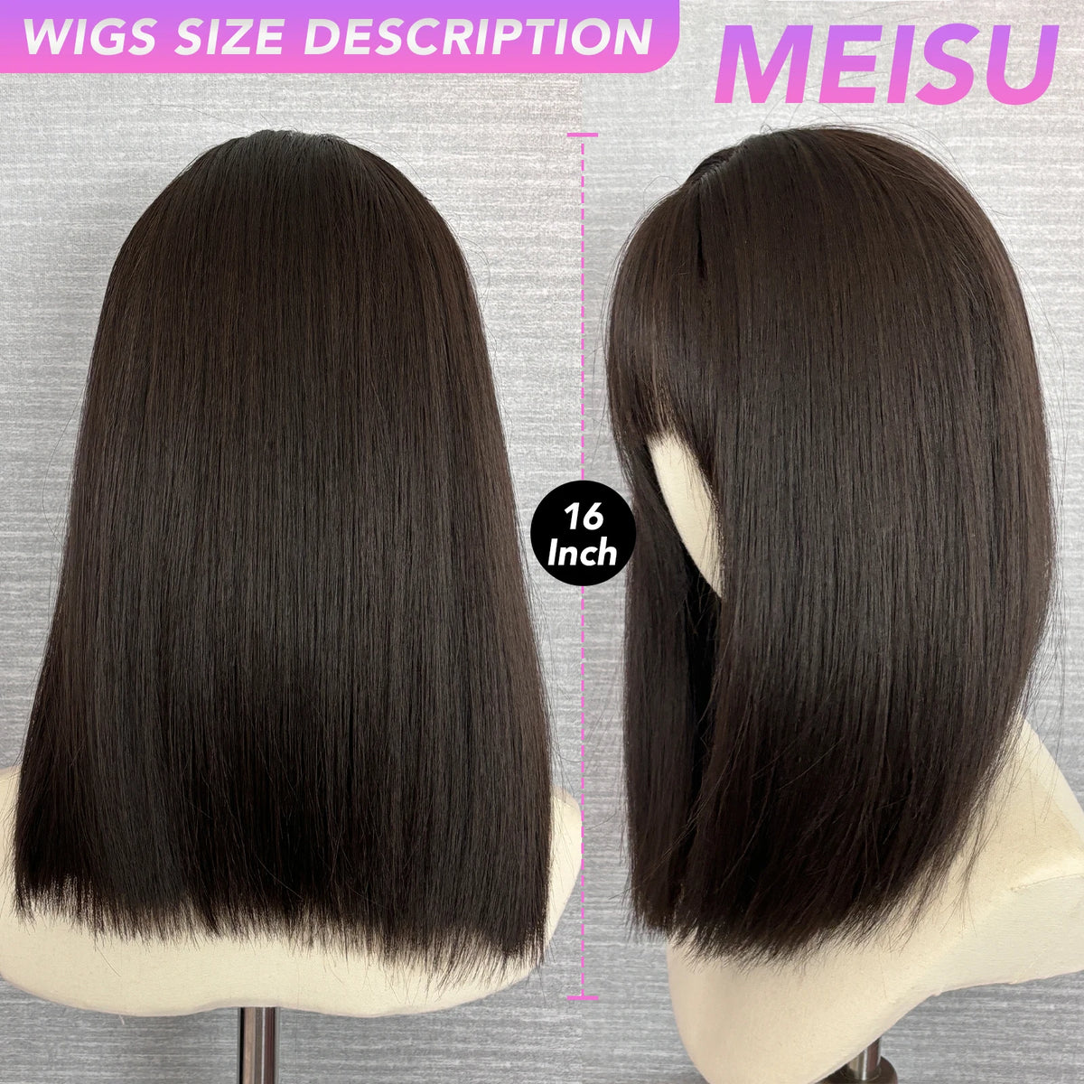 MEISU 16 Inch Black Tea Synthetic Air Bangs Wig Straight Layered Straight Wigs Fiber Heat-resistant Party or Selfie For Women