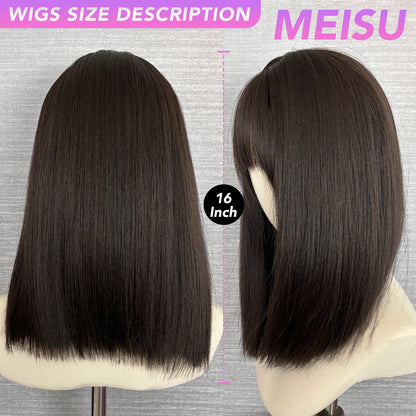 MEISU 16 Inch Black Tea Synthetic Air Bangs Wig Straight Layered Straight Wigs Fiber Heat-resistant Party or Selfie For Women