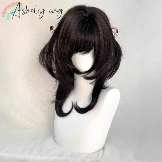 Layered Wig with Bangs Japanese Style 18inch Collarbone Hair Jellyfish Headband Wig Curly High Temperature Fibers Synthetic Wigs