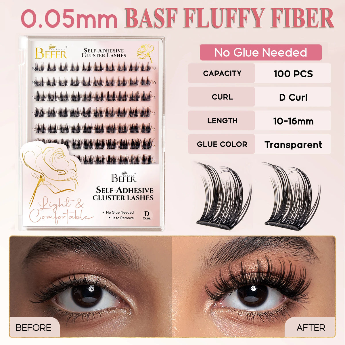 Befer Self-Adhesive False Eyelashes Glue-Free Lash Clusters Makeup D Curl Fluffy Manga Natural Soft Lash For Beginners Easy