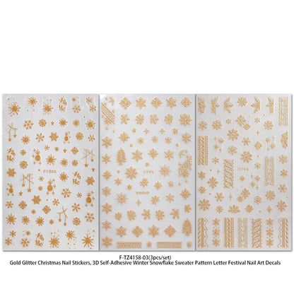3Pcs 3D Glitter Gold Christmas Nail Stickers, Snowflake Sweater Pattern Letter Decals, Winter Holiday Gift Party Nail Supplies