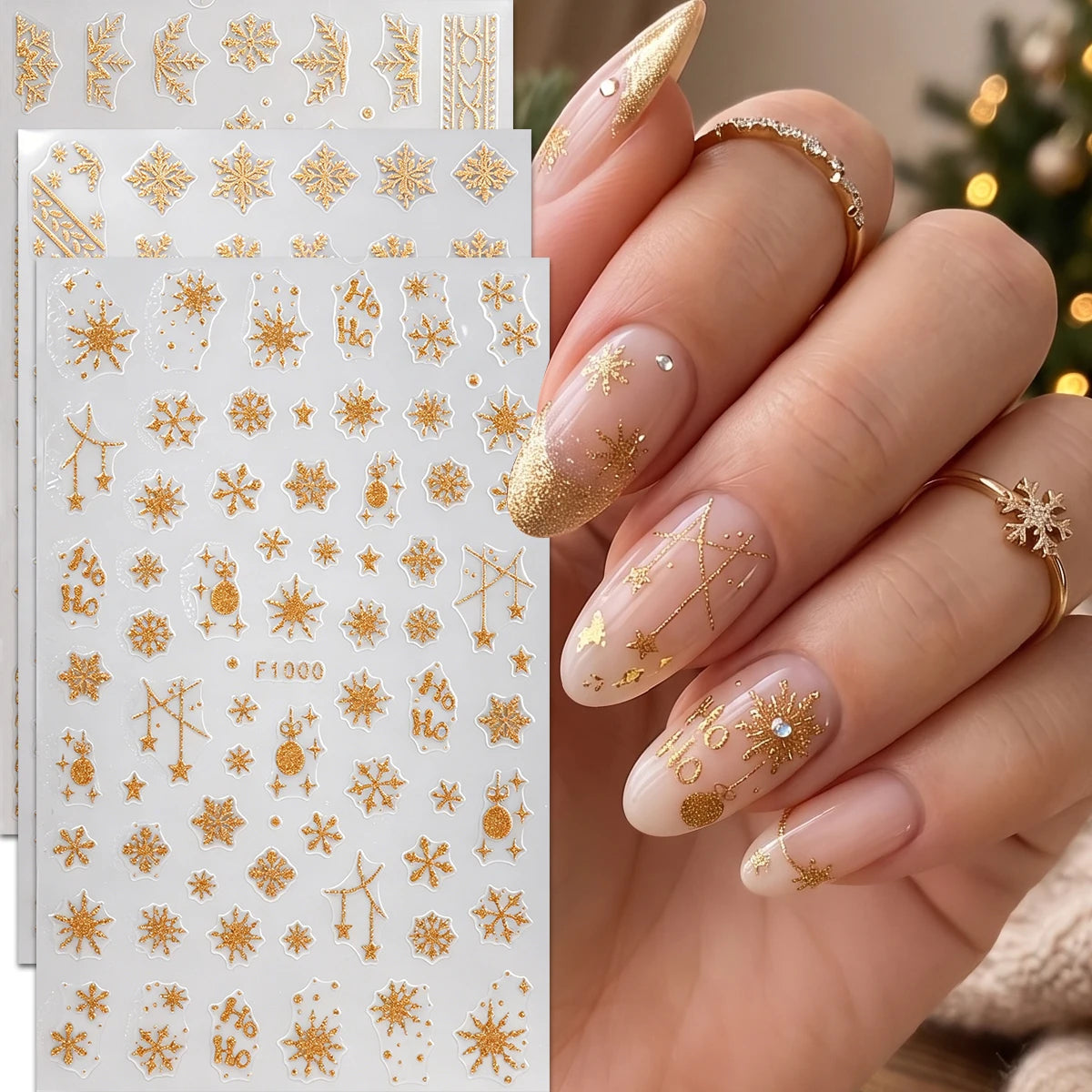 3Pcs 3D Glitter Gold Christmas Nail Stickers, Snowflake Sweater Pattern Letter Decals, Winter Holiday Gift Party Nail Supplies