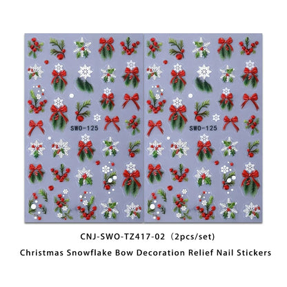 2PCS Winter Christmas relief nail stickers, easy to apply for nail decoration DIY、Gifts, parties, and wedding makeup and styling