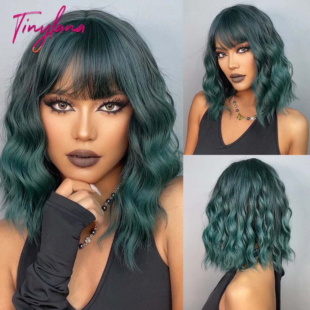 Curly Short Bob Brown Wavy Synthetic Wigs with Bangs Lolita Cosplay Brown Wig for Women Natural Daily Party Hair Heat Resistant