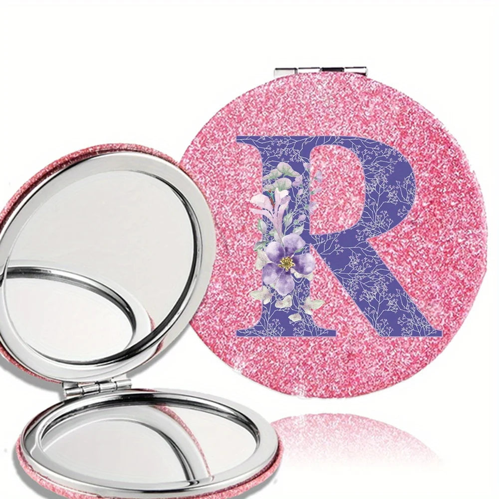 Women Folding Makeup Mirror Facial Beauty Makeup Care Tool Durable PU Surface Waterproof Ideal Party Gift Pink Flower Pattern