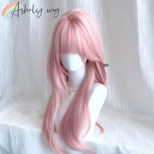 Ashely Pink Wig for Women Hair Wig with Bangs High Temperature Fibers Lolita Cute Layered Wig Synthetic Wigs Headband 가발 Парик