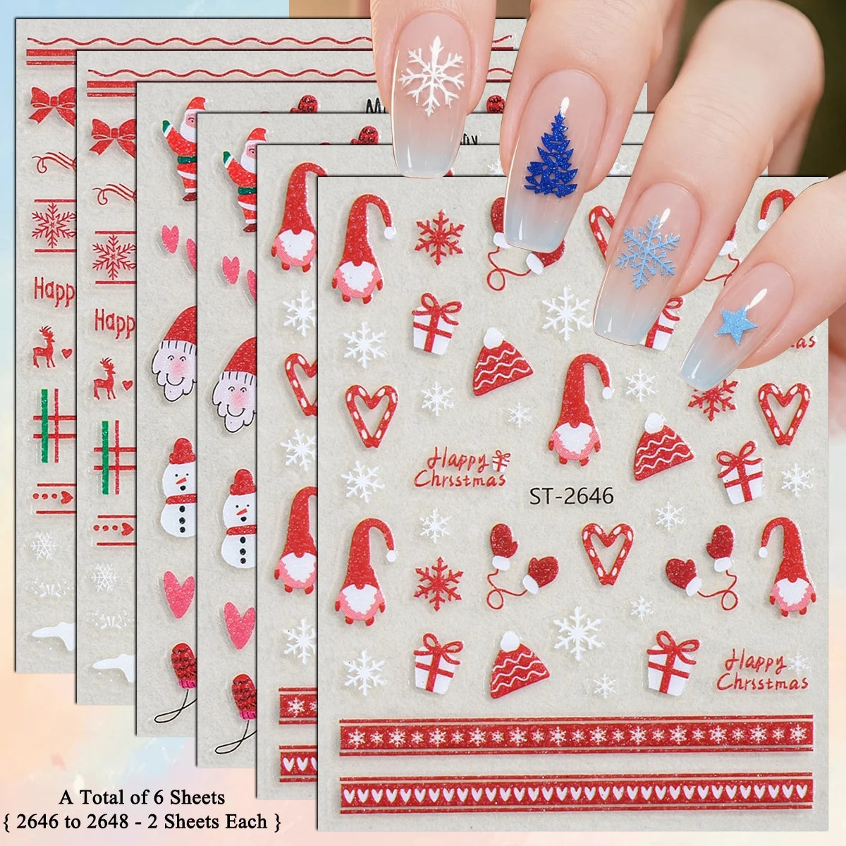 3 to 12 Sheets 3D Christmas Santa Snowman Reindeer Tree Snowflake Lights Gnome Self-Adhesive Nail Art Stickers