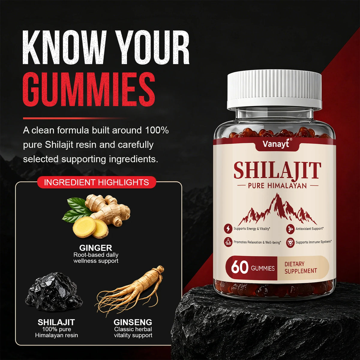 Vanayt Pure Himalayan Shilajit Gummies 3000mg Ashwagandha Ginger Herbal Supplement 60Pcs Support Energy Immunity Antioxidant