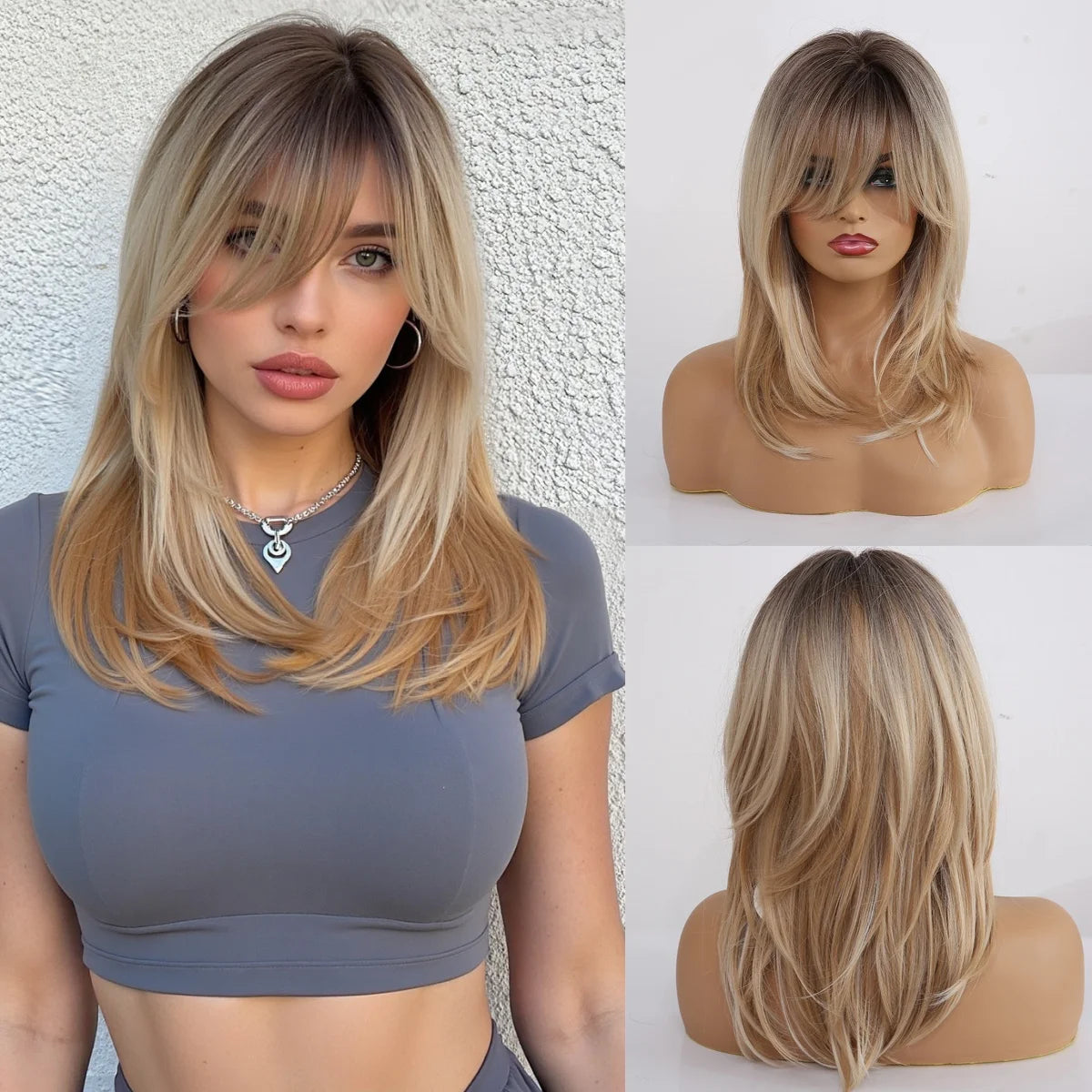 Synthetic Long Blonde Layered Wigs for Women Wig with Bangs Natural Looking Straight High Temperature Hair for Daily Christmas