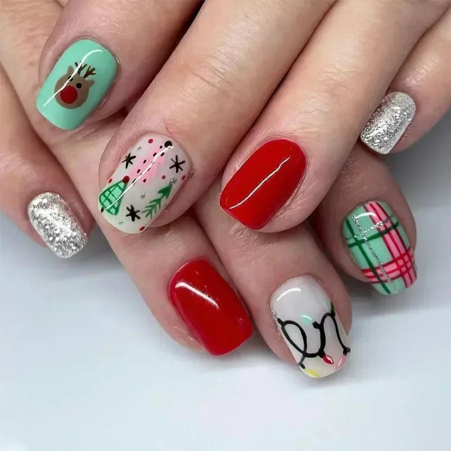 24Pcs Short Oval Press-On Nails - Cute Gingerbread & Candy Cane Christmas Designs, Perfect for Holiday Parties for Women&Girls