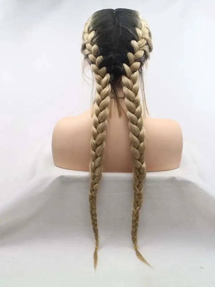 Synthetic Blonde Lace Front Braid Wigs Ombre Blonde Double Braid With Dark Roots Heat Resistant Fiber Braid Baby Hair Wigs