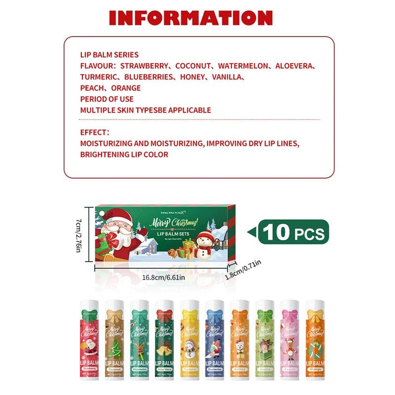 Christmas Lip Balm Set 10Pcs Multiple Flavors Moisturizing Nourishing Dry Lip Care Portable Holiday Gift Lip Balms