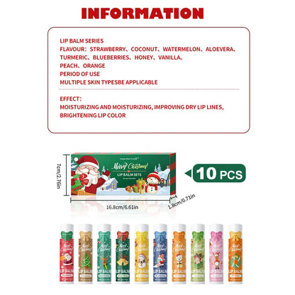 Christmas Lip Balm Set 10Pcs Multiple Flavors Moisturizing Nourishing Dry Lip Care Portable Holiday Gift Lip Balms