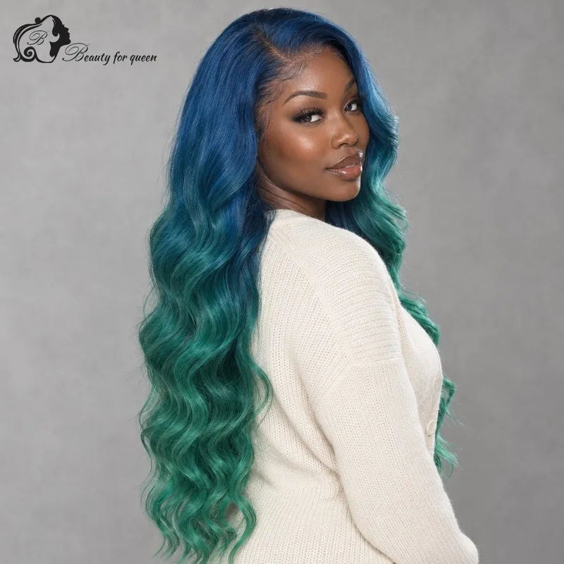 Middle Blue Green Ombre Body Wave Wig Mid Length Heat Friendly New Natural Colored Glossy Brazilian Bold Cosplay Extensions