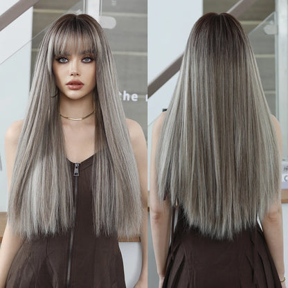 Long Straight Light Blonde Wig for Women Daily Party Highlight Brown Synthetic Layered Hair Wigs with Bangs Halloween Cosplay