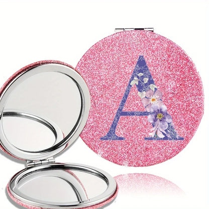 Women Folding Makeup Mirror Facial Beauty Makeup Care Tool Durable PU Surface Waterproof Ideal Party Gift Pink Flower Pattern