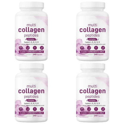 Multi Collagen Capsules 240ct Type I II III V X with Biotin Hyaluronic Acid Vitamin C Hydrolyzed Protein Supplement