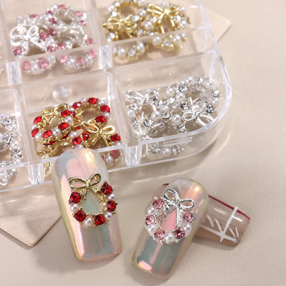 3D Christmas Nail Art Charms; Gold & Silver Bows and Wreaths; Cute Winter Designs for DIY Manicures and Salon Accessories