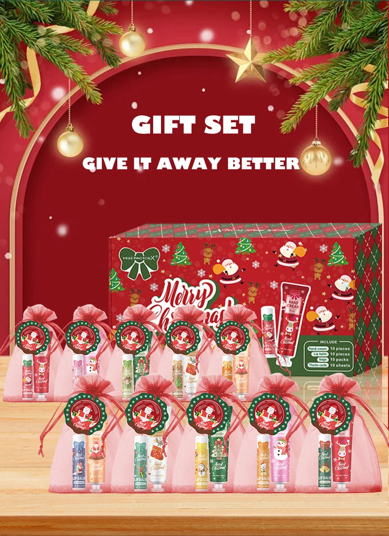 Christmas kit-10 sets/box hand cream kit, lip balm set, with Santa Card and red gift bag, party gift distribution