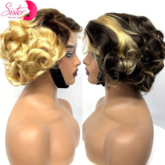 280% 5x5 Transparent Lace Closure Colored Loose Wave Human Hair Wigs  Short P4/27 Highlight Bouncy Curly Bob Wig for Black Women