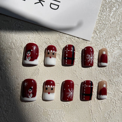 Handmade Short Square Press On Nails Christmas False Nails with Santa Claus Snowman Snowflake Design Reusable 10Pcs Xmas Party
