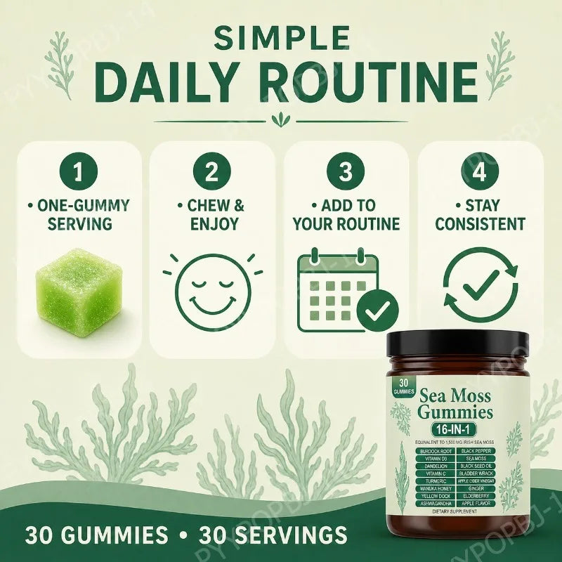 Irish Sea Moss Gummies 1500mg Equivalent 16 in 1 Botanical Blend,Support Digestion&Mood,Antioxidant Protection,Apple Flavor,30Ct