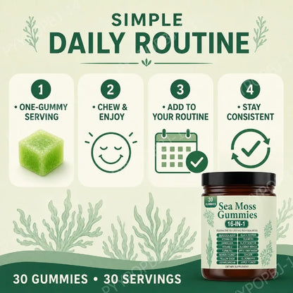 Irish Sea Moss Gummies 1500mg Equivalent 16 in 1 Botanical Blend,Support Digestion&Mood,Antioxidant Protection,Apple Flavor,30Ct
