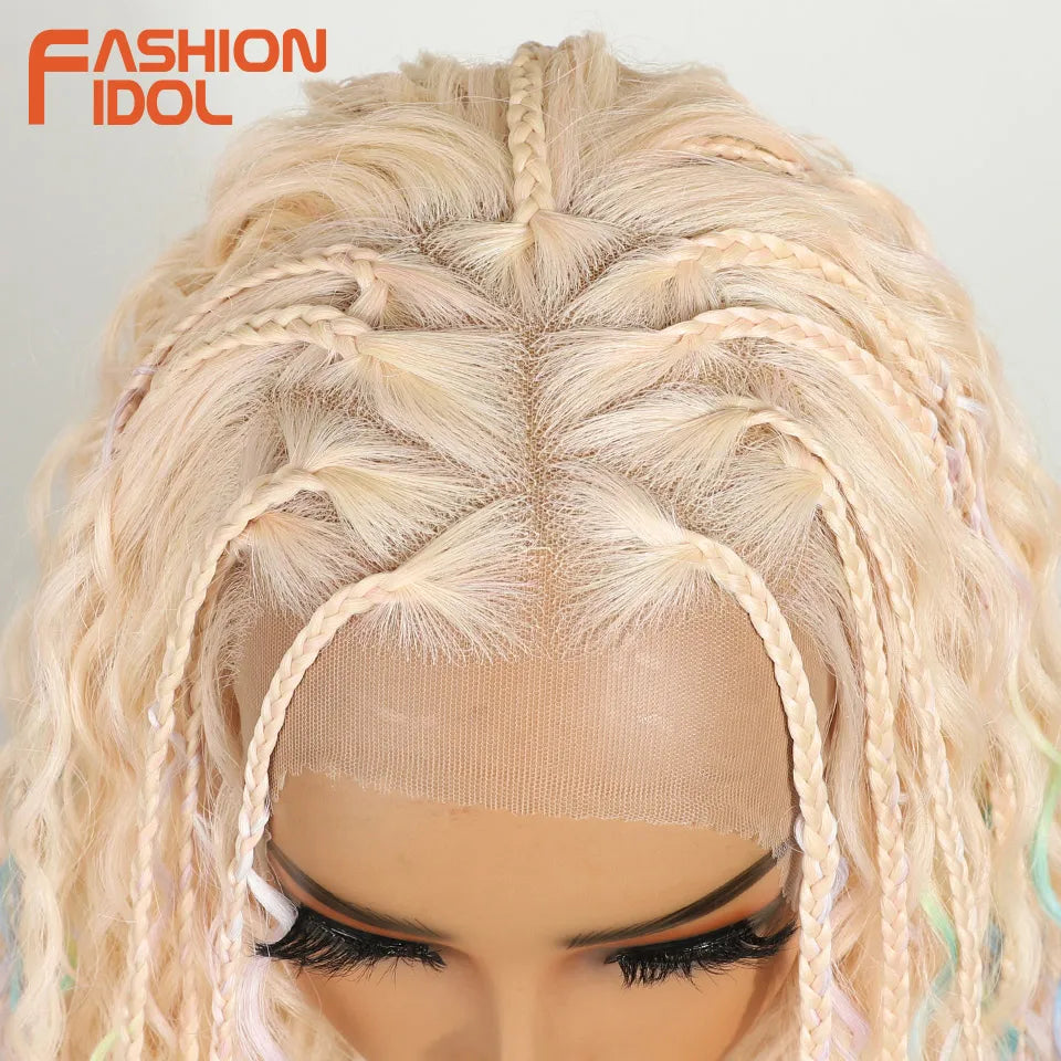 FASHION IDOL 13X4 Twist Box Braided Lace Wigs For Women Synthetic Lace Frontal Wigs Ivory White Faux Locs Goddess Braids Wigs