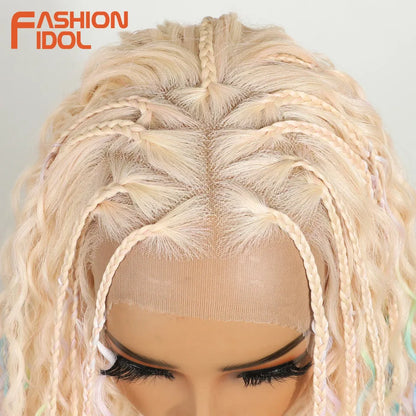 FASHION IDOL 13X4 Twist Box Braided Lace Wigs For Women Synthetic Lace Frontal Wigs Ivory White Faux Locs Goddess Braids Wigs