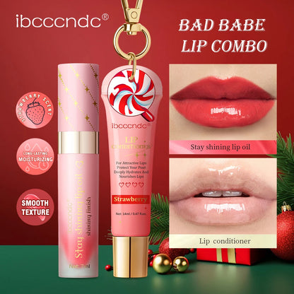 Christmas Gift 3Pcs Glossy Lip Gloss Set Strawberry Lip Balm And Lip Gloss Combo Long Lasting Hydrating Plump Lips