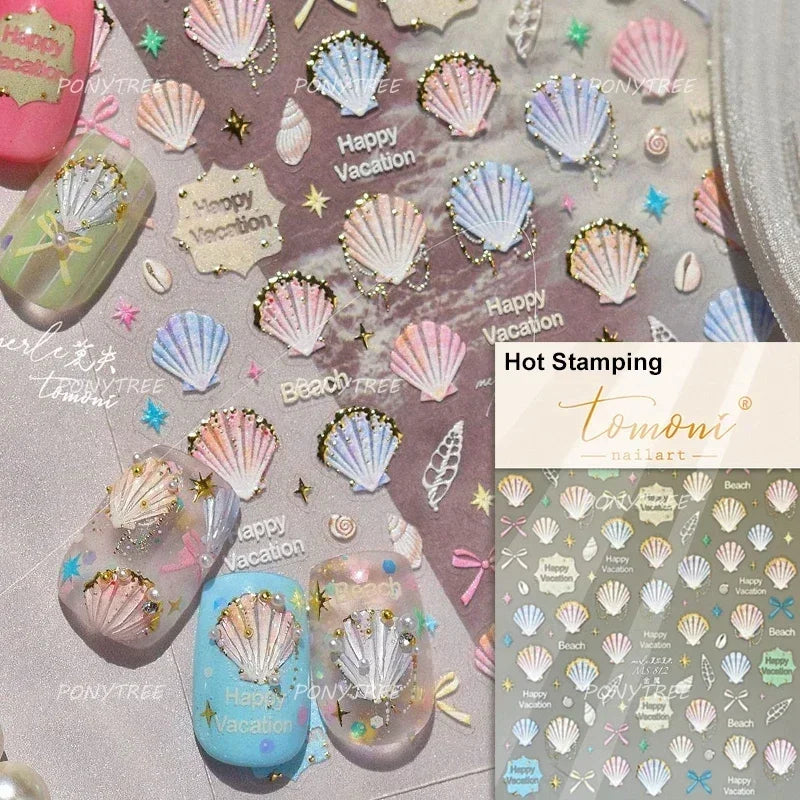 Gold Stamped Shell Conch Scallop Starfish Pearl 5D Embossed Self Adhesive Nail Art Stickers Delicate Ocean Style Manicure Decals