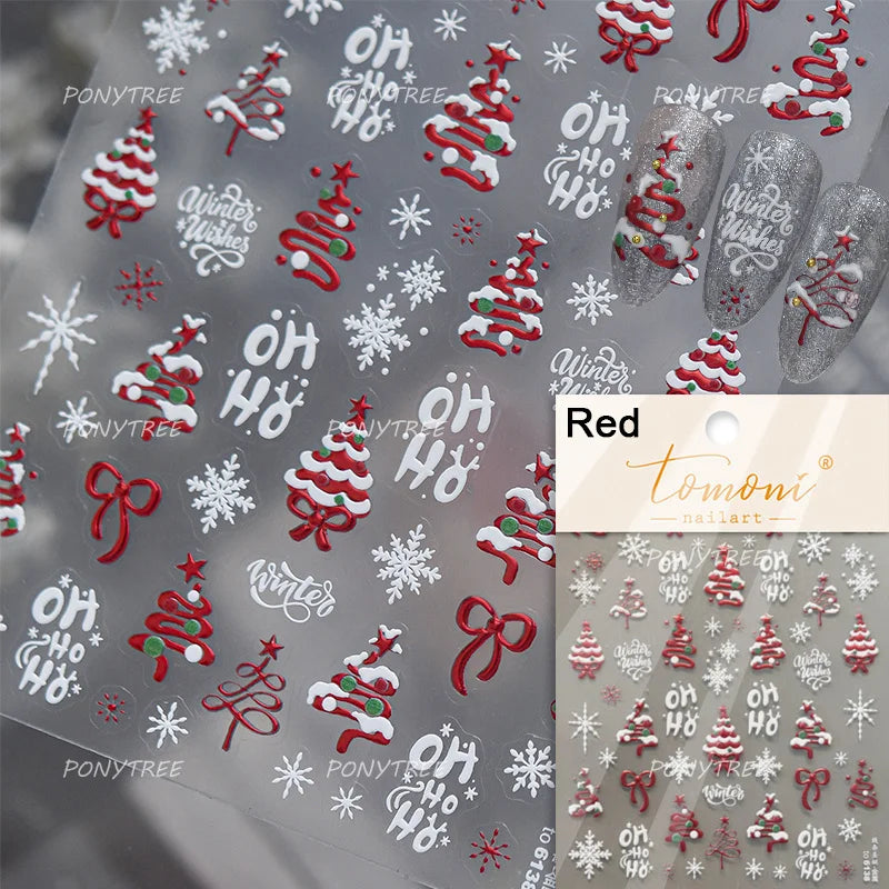 Tender Blue Christmas Tree Hanging Ball Ribbon Gold Star Snowflakes Bowknot Ring Adhesive Nail Charms Art Sticker Manicure Decal