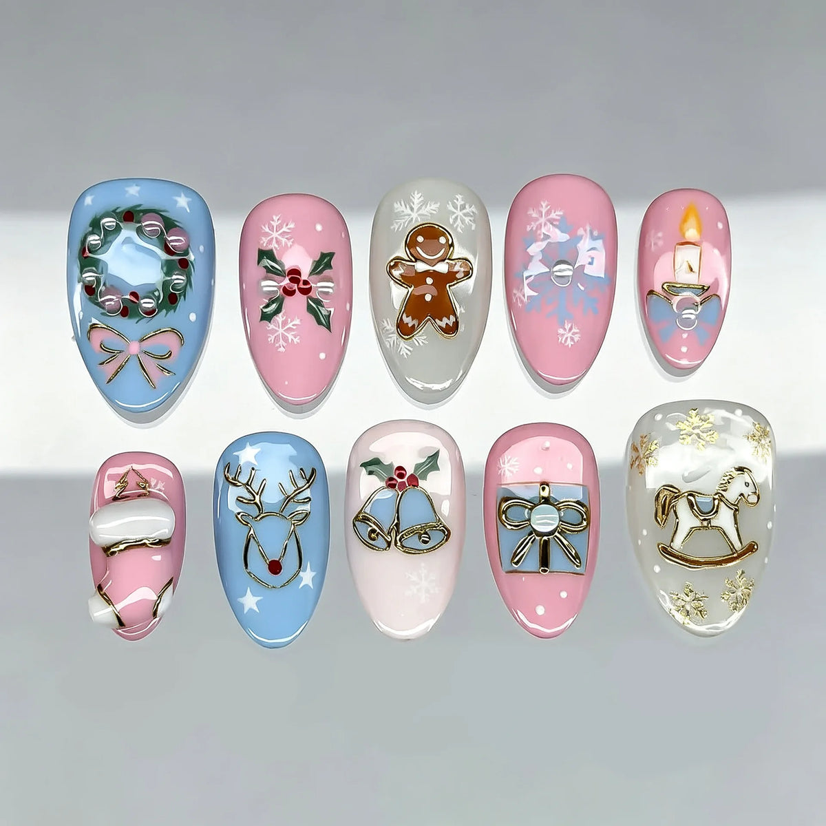 24Pcs Christmas Pink Flower Press on Nails Snowman Christmas Tree Detachable Full Cover Nail Gilded Bow Elk Gift Stick on Nails