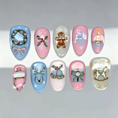 24Pcs Christmas Pink Flower Press on Nails Snowman Christmas Tree Detachable Full Cover Nail Gilded Bow Elk Gift Stick on Nails