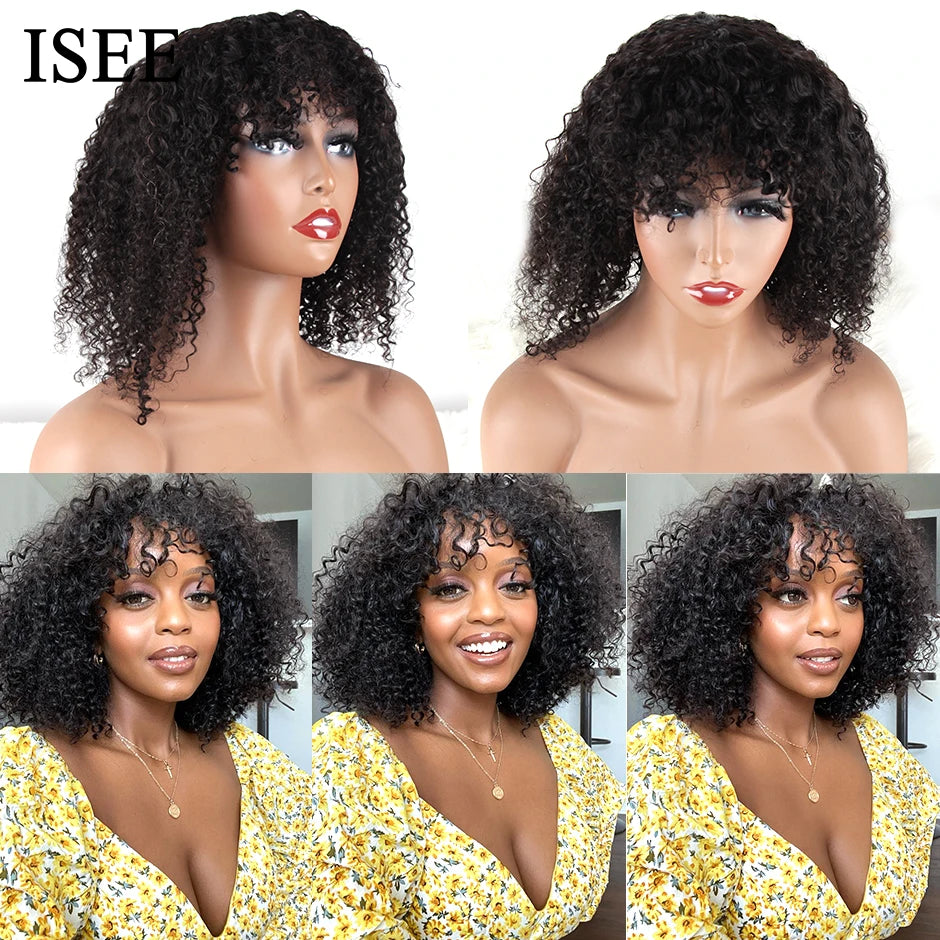 ISEE HAIR Machine Made Sew In Short Bob Wig With Bangs Human Hair Wigs Mongolian Curly Wig with Bang For Women Wigs