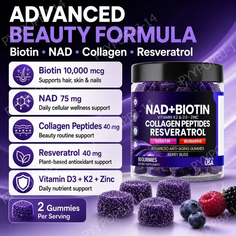 Biotin Collagen Gummies with NAD+ Resveratrol Vitamin D3 K2 Zinc Daily Beauty Wellness Supplement 60 Count Berry Flavor