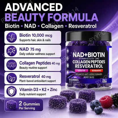 Biotin Collagen Gummies with NAD+ Resveratrol Vitamin D3 K2 Zinc Daily Beauty Wellness Supplement 60 Count Berry Flavor
