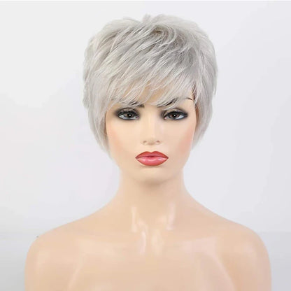 HAIRJOY Synthetic Short Grey Wigs for White Women Mixed Gray Silver Curly  Wigs with Bangs Grandma  Short Hair Wigs
