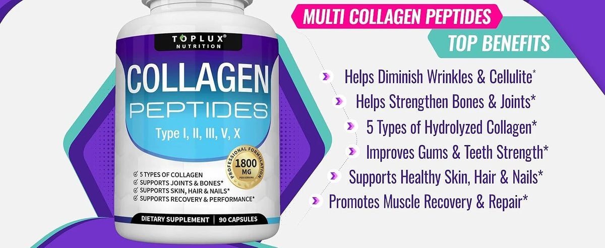 Multi Collagen Peptides Pills 1800 Mg Complex - Type I, II, III, V, X Premium Collagen Complex for Better Skin & Hair, Strong Jo