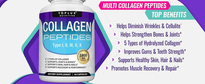 Multi Collagen Peptides Pills 1800 Mg Complex - Type I, II, III, V, X Premium Collagen Complex for Better Skin & Hair, Strong Jo