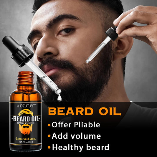Men Beard Care Kit Beard Oil Balm Moisturizing Nourishing Soften Moustache Growth Strengthen Enhancer Oil with Trim Tool