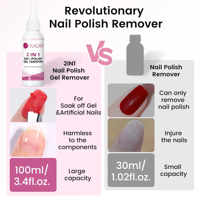 UR SUGAR 100ml 2 IN 1 Nail Polish Gel Remover Liquid 1/2PCS Quick Clean Gentle Formula for Gel Polish Remover Manicure Nail Care