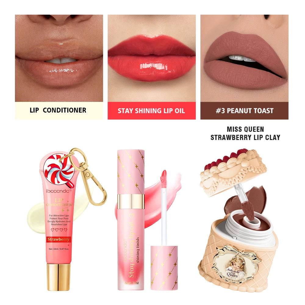Christmas Limited 2‑in‑1 Lip Gift Set Strawberry Cake Mousse Matte Lip Mud Santa Red Velvet Pouch Lip Balm Lip Oil 7 Shades