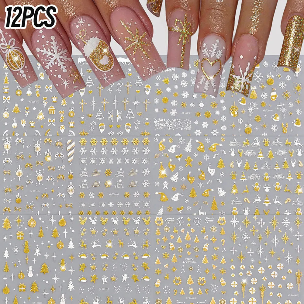 12pcs Gold White Snowflakes Snowman Santa Claus Christmas Nail Stickers Xmas Tree Elk Bow Nail Decals Winter Xmas Nail Supplies