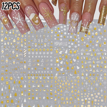12pcs Gold White Snowflakes Snowman Santa Claus Christmas Nail Stickers Xmas Tree Elk Bow Nail Decals Winter Xmas Nail Supplies