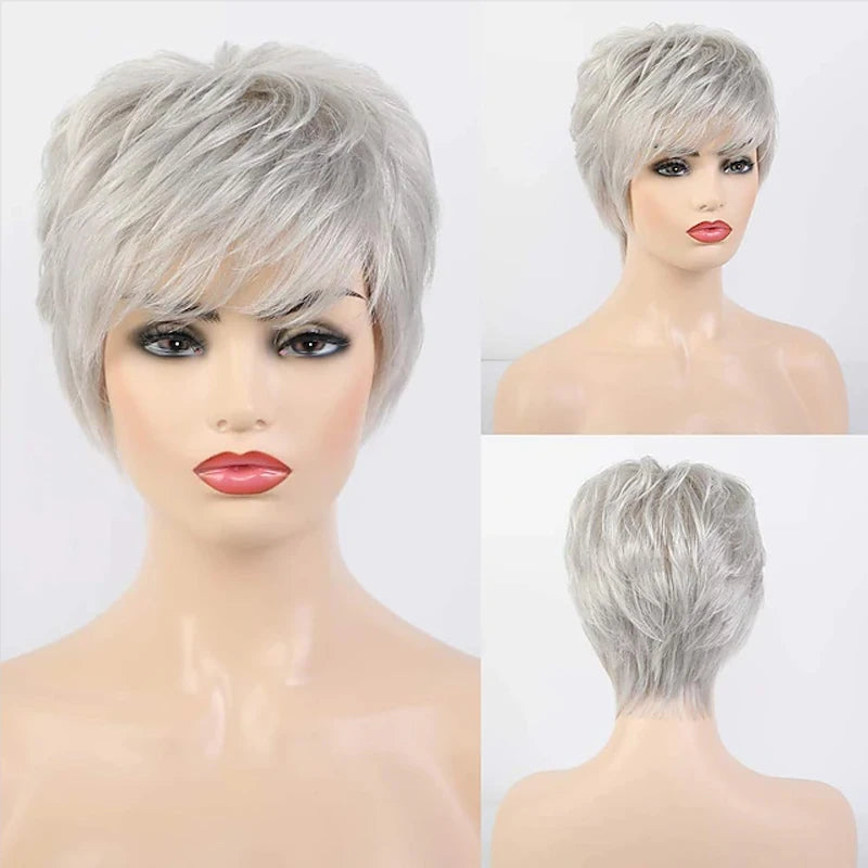 HAIRJOY Synthetic Short Grey Wigs for White Women Mixed Gray Silver Curly  Wigs with Bangs Grandma  Short Hair Wigs