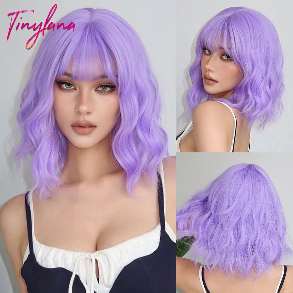 Curly Short Bob Brown Wavy Synthetic Wigs with Bangs Lolita Cosplay Brown Wig for Women Natural Daily Party Hair Heat Resistant