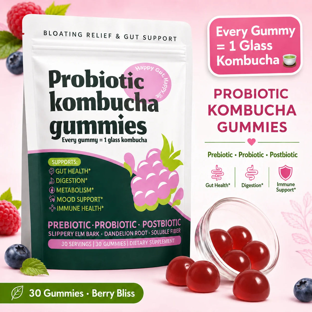 Probiotic Kombucha Gummies Berry 30 Ct Prebiotic Postbiotic Gut Health Digestion Bloating Relief Immune Vegan Non-GMO Supplement