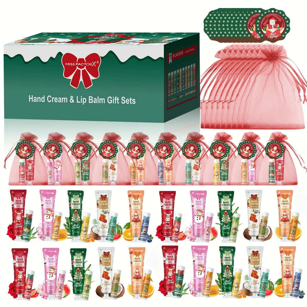 30 Sets per Box. Assorted Moisturizing Lip Balms and Hand Creams. Perfect for Christmas Giveaways and New Year Gifts.